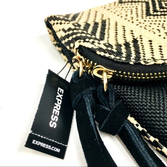 Express Clutch Envelope Tribal Aztec Woven Raffia Gold Tone Tassel Detail 13"x8" - Picture 5 of 7